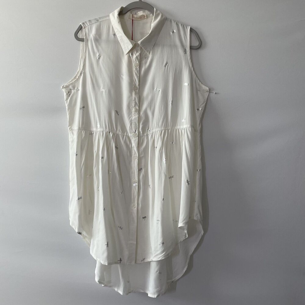 NWB Solitaire Shirt Tunic Top Sleeveless Collared Dragonfly Ivory Rayon Sz XL